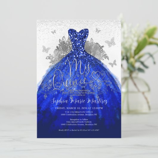 Glam Navy Blauw Zilveren Jurk Mis Quince Quinceañe Kaart (Staand voorkant)