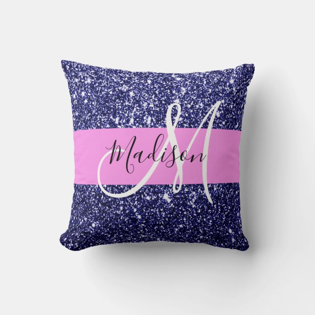 Glam Navy Blauwe Roze Glitters Glans Naam Monogram Kussen (Voorkant)