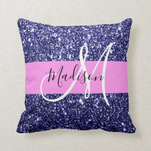 Glam Navy Blauwe Roze Glitters Glans Naam Monogram Kussen
