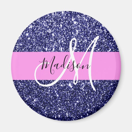 Glam Navy Blauwe Roze Glitters Glans Naam Monogram Magneet (Voorkant)