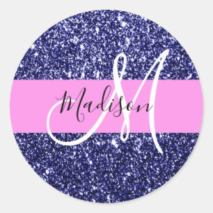 Glam Navy Blauwe Roze Glitters Glans Naam Monogram Ronde Sticker