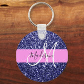 Glam Navy Blauwe Roze Glitters Glans Naam Monogram Sleutelhanger (Voorkant)
