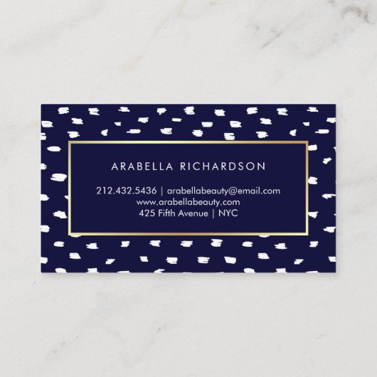 Glam Navy Blue en White Stippen en Faux Gold Accen Visitekaartje (Achterkant)