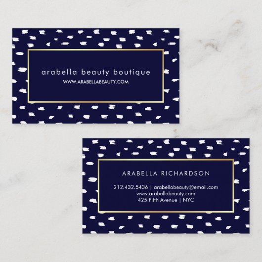 Glam Navy Blue en White Stippen en Faux Gold Accen Visitekaartje (Voorkant / Achterkant)