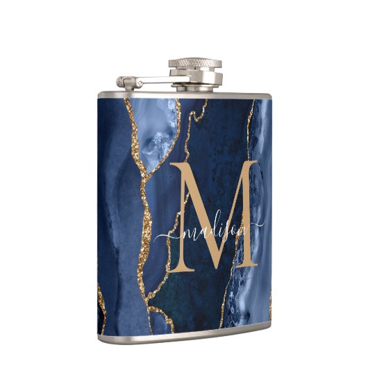 Glam Navy Blue Glitter Agate Geode Monogram Heupfles (Rechts)