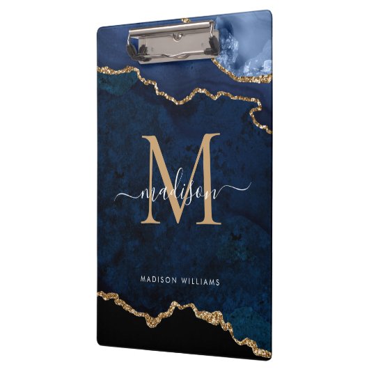 Glam Navy Blue Glitter Agate Geode Monogram Klembord (Links)