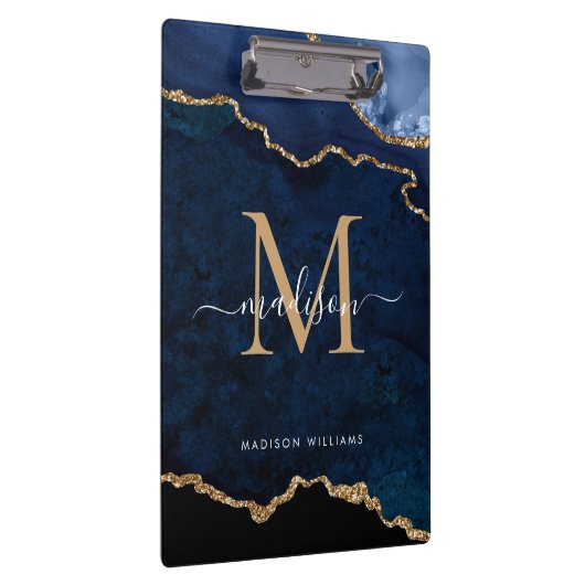 Glam Navy Blue Glitter Agate Geode Monogram Klembord (Rechts)
