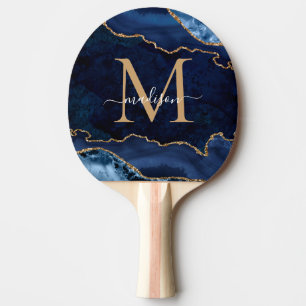 Glam Navy Blue Glitter Agate Geode Monogram Tafeltennisbatje