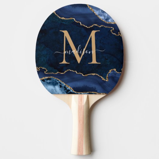 Glam Navy Blue Glitter Agate Geode Monogram Tafeltennisbatje (Voorkant)