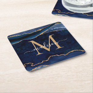 Glam Navy Blue Gold Agate Geode Glitter Monogram Kartonnen Onderzetters