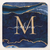 Glam Navy Blue Gold Agate Geode Glitter Monogram Kartonnen Onderzetters (Voorkant)