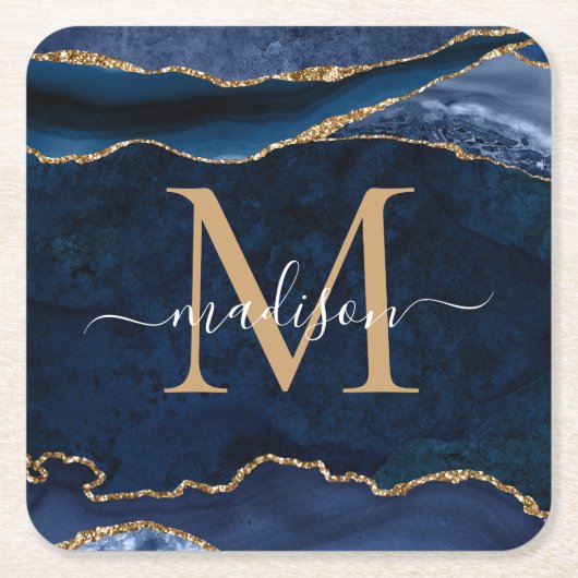 Glam Navy Blue Gold Agate Geode Glitter Monogram Kartonnen Onderzetters (Voorkant)