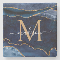 Glam Navy Blue Gold Agate Geode Glitter Monogram