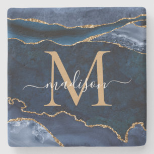 Glam Navy Blue Gold Agate Geode Glitter Monogram Stenen Onderzetter