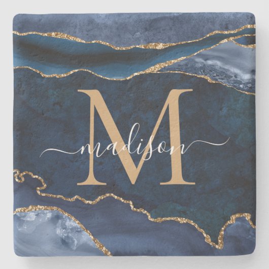 Glam Navy Blue Gold Agate Geode Glitter Monogram Stenen Onderzetter (Voorkant)