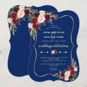 Glam Navy Blue Gold Burgundy Floral Wedding Kaart (Voorkant / Achterkant)