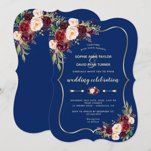 Glam Navy Blue Gold Burgundy Floral Wedding Kaart (Voorkant / Achterkant)