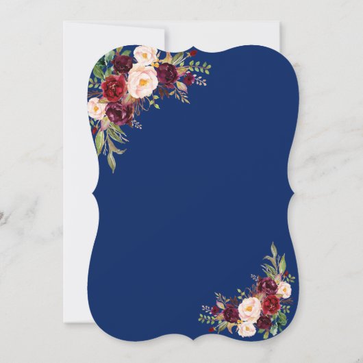 Glam Navy Blue Gold Burgundy Floral Wedding Kaart (Achterkant)