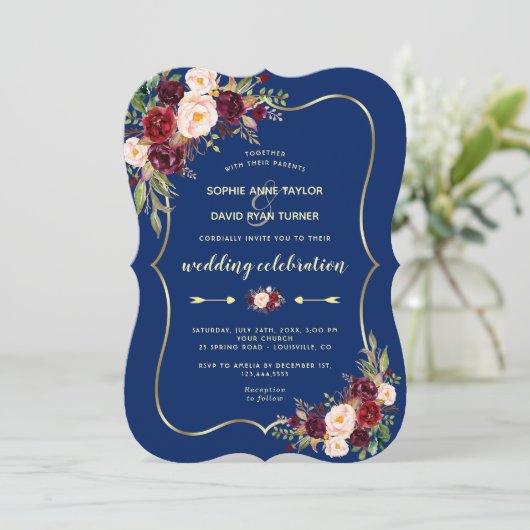 Glam Navy Blue Gold Burgundy Floral Wedding Kaart (Staand voorkant)