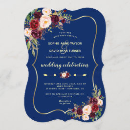 Glam Navy Blue Gold Burgundy Floral Wedding Kaart
