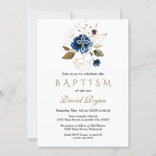 Glam Navy Blue Gold Floral White Cross Boy Baptism Kaart