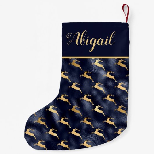 Glam Navy Blue Gold Reindeer Pattern, gepersonalis Kleine Kerstsok (Achterkant)