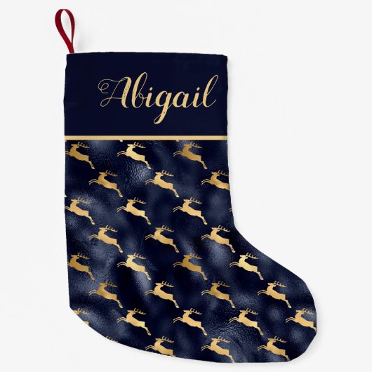 Glam Navy Blue Gold Reindeer Pattern, gepersonalis Kleine Kerstsok (Voorkant)