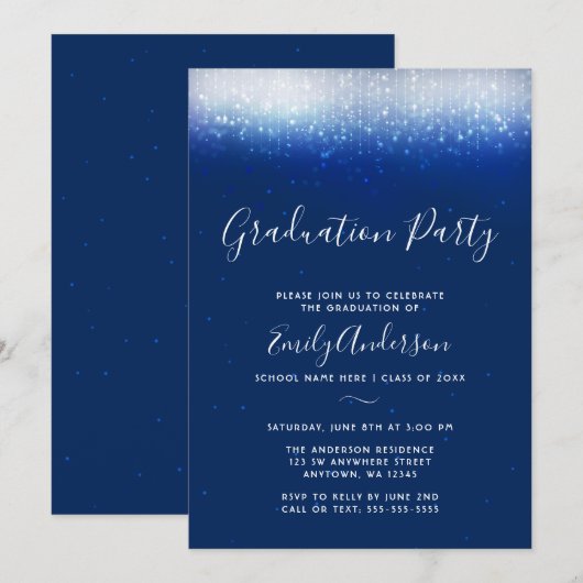 Glam Navy Blue Graduation Party Kaart (Voorkant / Achterkant)