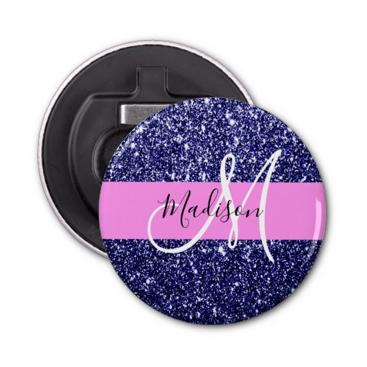 Glam Navy Blue Pink Glitter Sparkles Naam Monogram Button Flesopener (Voorkant)