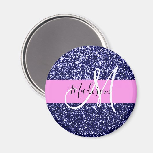 Glam Navy Blue Pink Glitter Sparkles Naam Monogram Magneet (Voorkant / Achterkant)