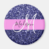 Glam Navy Blue Pink Glitter Sparkles Naam Monogram Magneet (Voorkant)