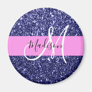 Glam Navy Blue Pink Glitter Sparkles Naam Monogram Magneet