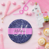 Glam Navy Blue Pink Glitter Sparkles Naam Monogram Papieren Bordje (Feest)