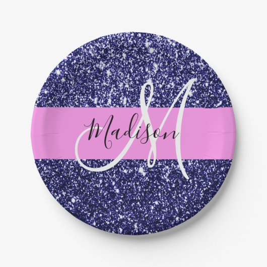 Glam Navy Blue Pink Glitter Sparkles Naam Monogram Papieren Bordje (Voorkant)