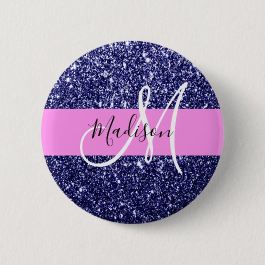 Glam Navy Blue Pink Glitter Sparkles Naam Monogram Ronde Button 5,7 Cm (Voorkant)