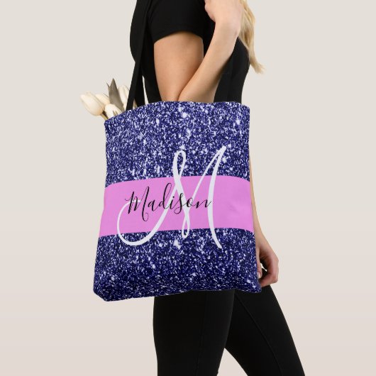 Glam Navy Blue Pink Glitter Sparkles Naam Monogram Tote Bag (Dichtbij)