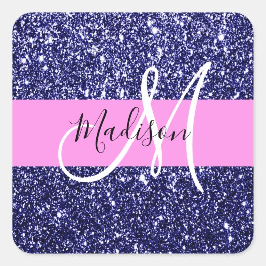 Glam Navy Blue Pink Glitter Sparkles Naam Monogram Vierkante Sticker (Voorkant)