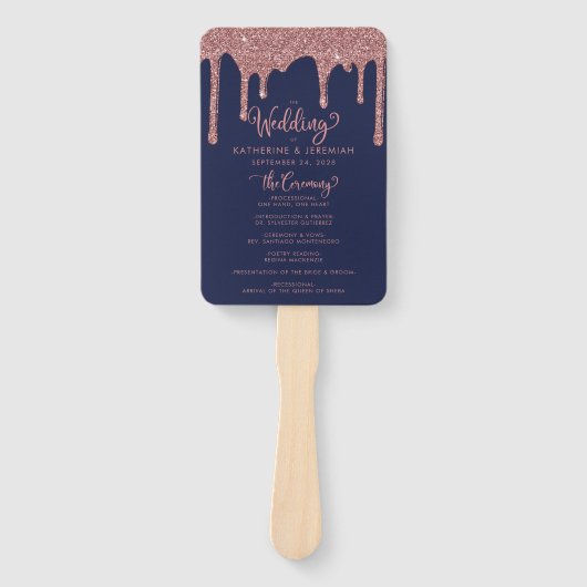 Glam Navy Blue Roos Gold Wedding Program Handwaaier (Voorkant)