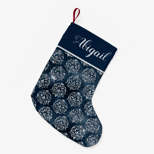 Glam Navy Blue Silver Damask gepersonaliseerd Kleine Kerstsok (Voorkant (Hangend))