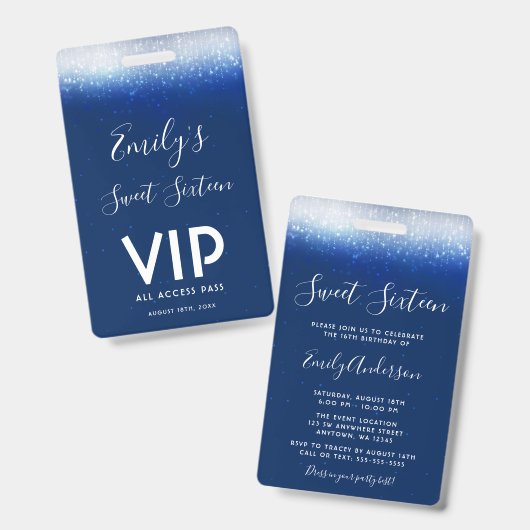 Glam Navy Blue Sweet 16 Uitnodiging VIP Pass Badge (Voor- en achterkant)