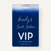 Glam Navy Blue Sweet 16 Uitnodiging VIP Pass Badge (Voorkant)