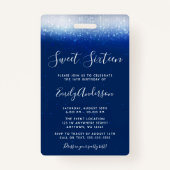 Glam Navy Blue Sweet 16 Uitnodiging VIP Pass Badge (Achterkant)