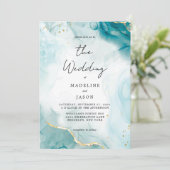 Glam Navy Blue Waterverf Gold Fluid Ink Weddenscha Kaart (Staand voorkant)