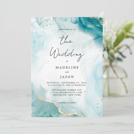 Glam Navy Blue Waterverf Gold Fluid Ink Weddenscha Kaart (Staand voorkant)