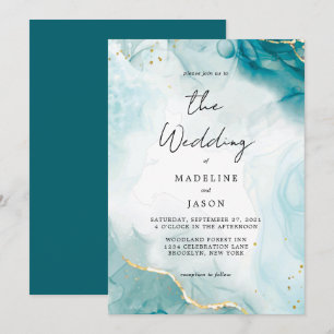 Glam Navy Blue Waterverf Gold Fluid Ink Weddenscha Kaart