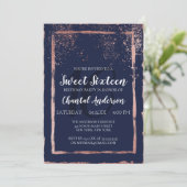 Glam Navy Roos Gold Confetti Borstslag Sweet 16 Kaart (Staand voorkant)