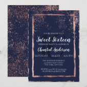 Glam Navy Roos Gold Confetti Borstslag Sweet 16 Kaart (Voorkant / Achterkant)