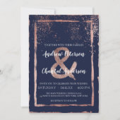Glam Navy Roos Gold Confetti Brushstroke Wedding Kaart (Voorkant)