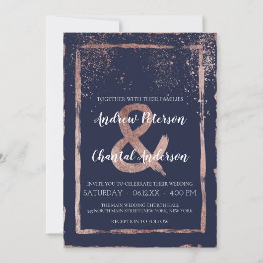 Glam Navy Roos Gold Confetti Brushstroke Wedding Kaart (Voorkant)