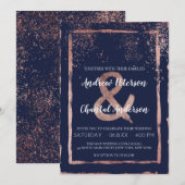 Glam Navy Roos Gold Confetti Brushstroke Wedding Kaart (Voorkant / Achterkant)